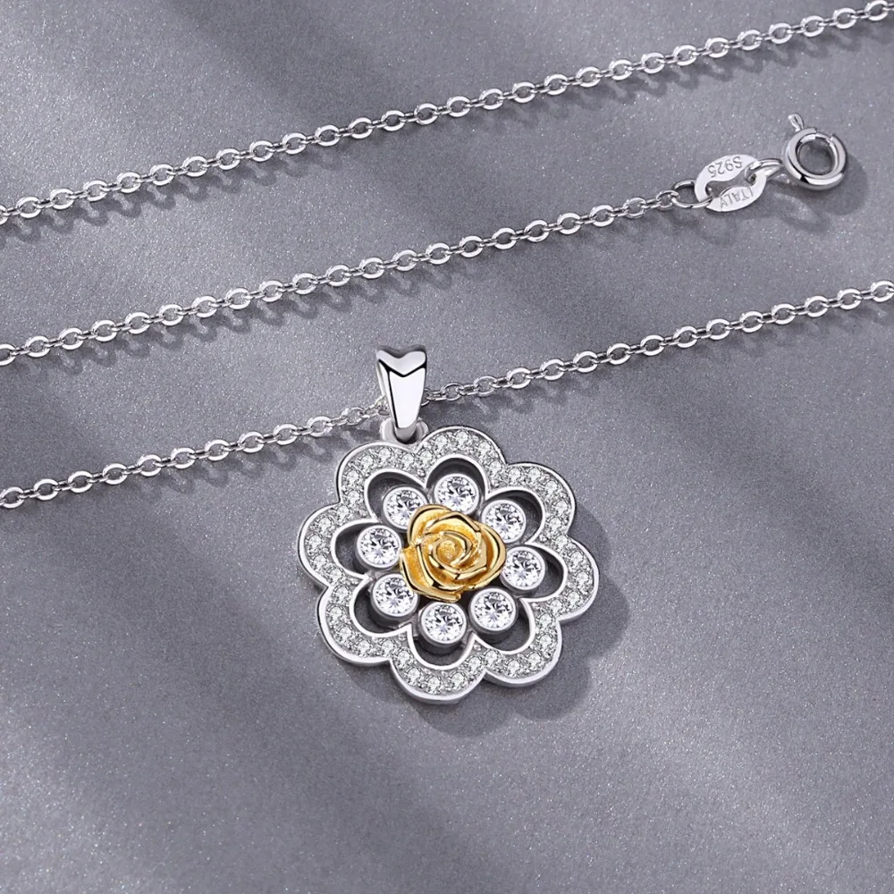 EUDORA Unique 925 Sterling Silver Cubic Zirconia Gold Rose Flower Pendant Necklace For Women Fine Sliver Jewelry Gift CYD330 | Украшения и