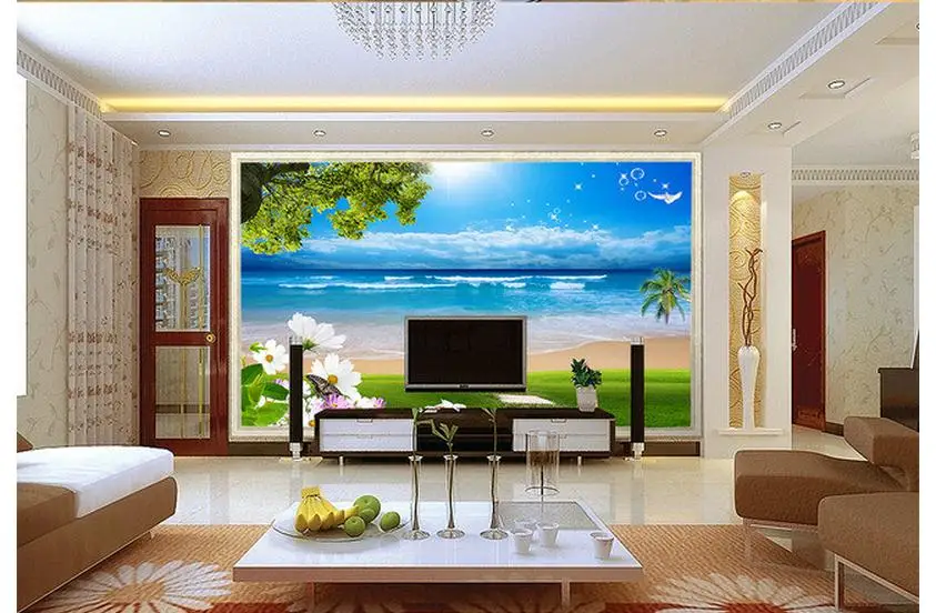 3d wallpaper custom tv murals blue sky white clouds lawn landscape paintings of flowers and plants trees wall mural | Обустройство