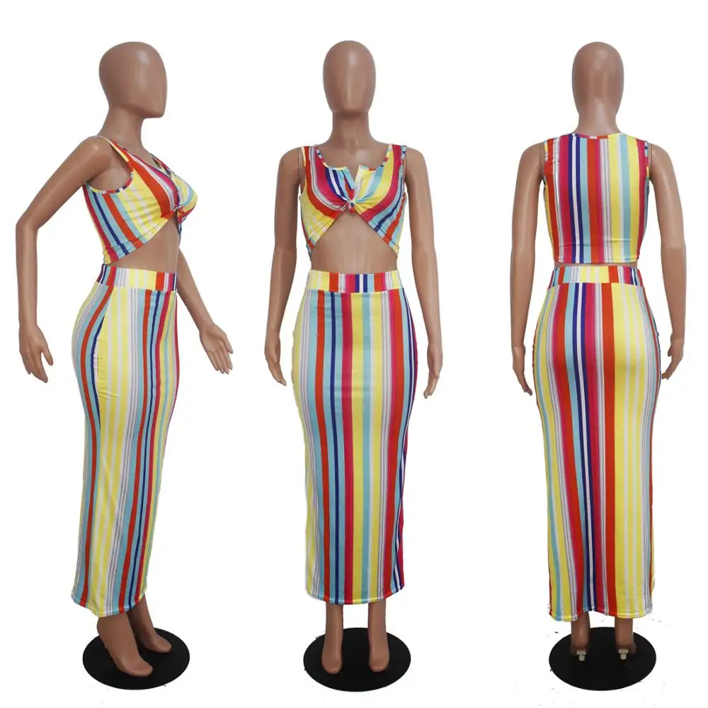 

Sexy Colorful Striped Print Patchwork Strapless Strap Sleeveless Short Vest With Dress Women Bodycon Dress Suits