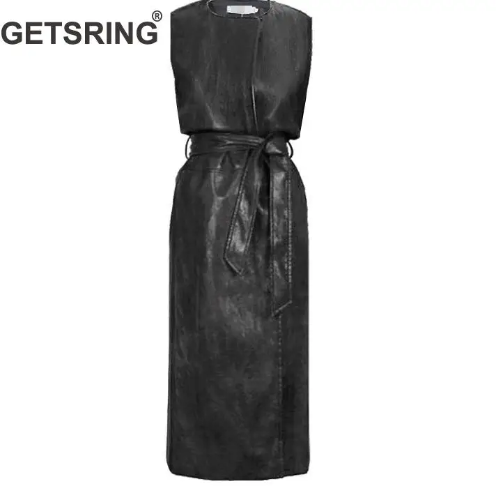 

GETSRING Women Vest PU Vest Female Long Sleeveless Vest Black Lace Up Waistcoat Long Winter Coat Women All Match Woman Tops 2019