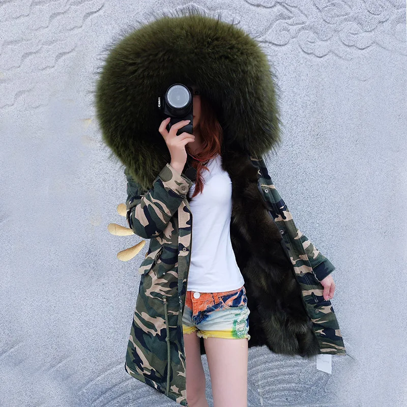 camo green MAOMAOKONG; большие размеры; зимние сапоги на натуральном лисьем меховые парки мороженое опушка из лисьего меха длинная куртка пальто mujer для Для женщин - Цвет: camo green