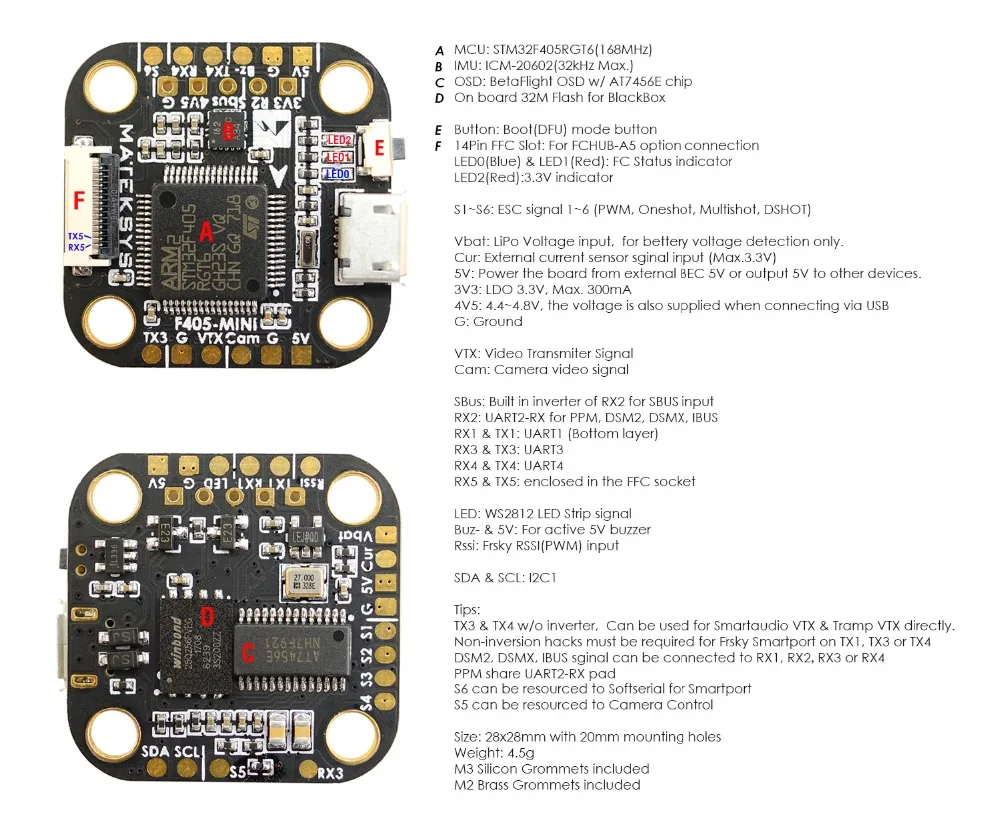 Matek Systems F4 F405 мини игровые джойстики с интегрированным OSD 32K Gyro 32 м флэш 20x20 мм для FPV