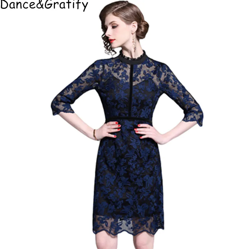 

Women Spring Summer Elegant Lace Embroidery Flowers Dress Female Office Lady Robe Femme High Quality Designer Party Vestidos