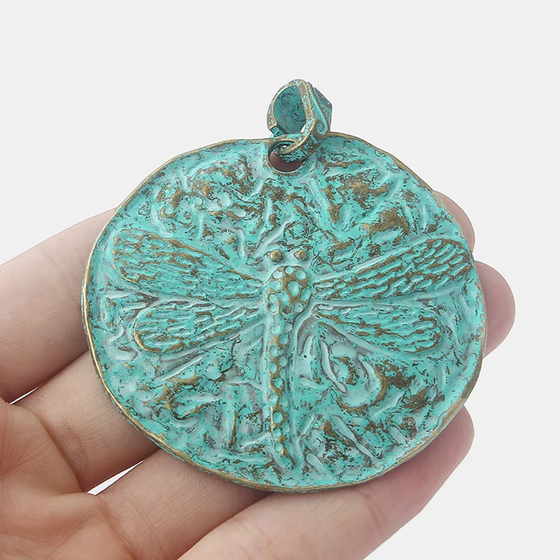 

2PCS Verdigris Patina Large Round Carved Dragonfly Charms Pendants for DIY Boho Necklace Jewelry Making Findings