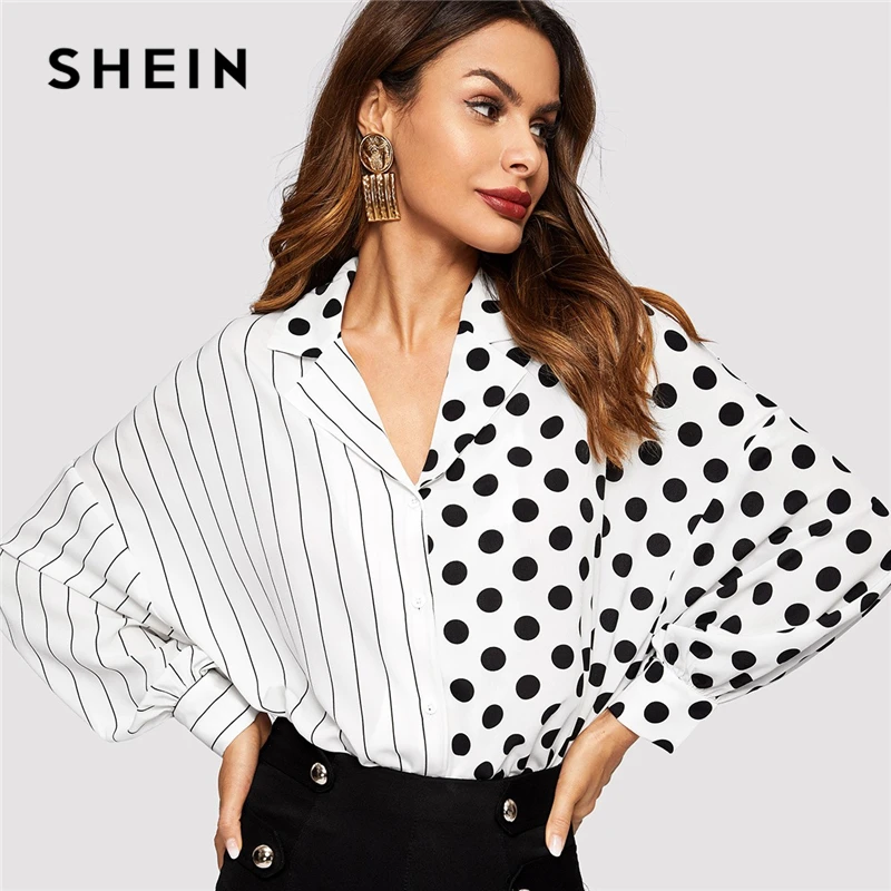 SHEIN женская блузка в черно-белую полоску и горошек с длинным рукавом и пуговицами, весна, повседневный Топ, блузки