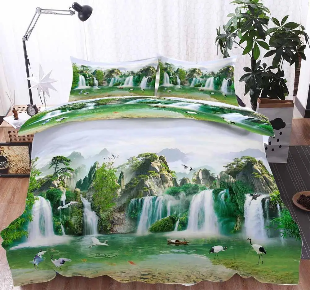 custom Landscape falls crane Bedding Duvet Cover Set Pillowcase Microfiber Soft Comforter Bedroom Single Queen King | Дом и сад