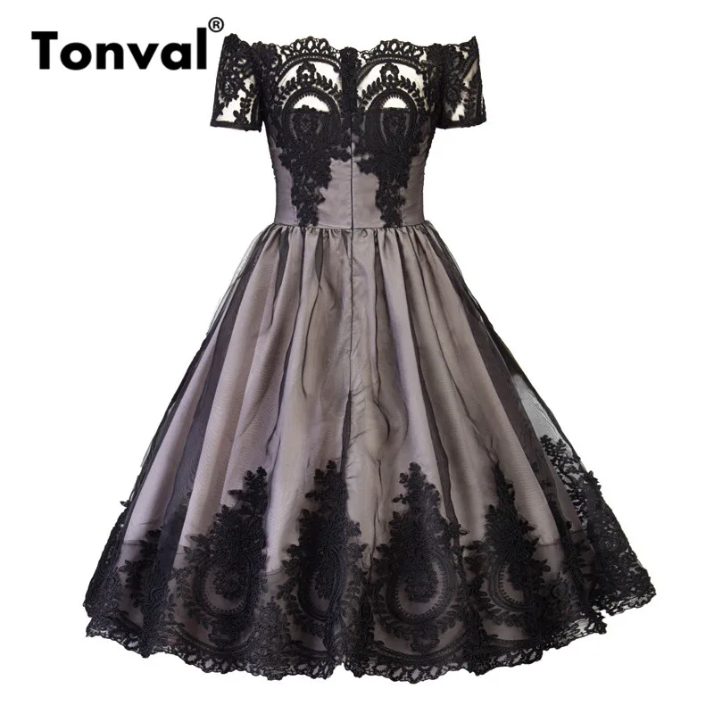 Tonval Embroidery Mesh Sexy Dress Elegant Off Shoulder Women Vintage Party Pleated Dresses Short Sleeve Retro | Женская одежда