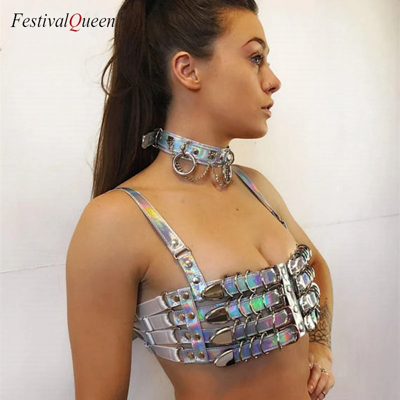 FestivalQueen Женская Сексуальная Лазерная ПУ майка Модная голографическая ручная работа пэчворк открытая спина кроп Топы Вечеринка клуб одежда для леди