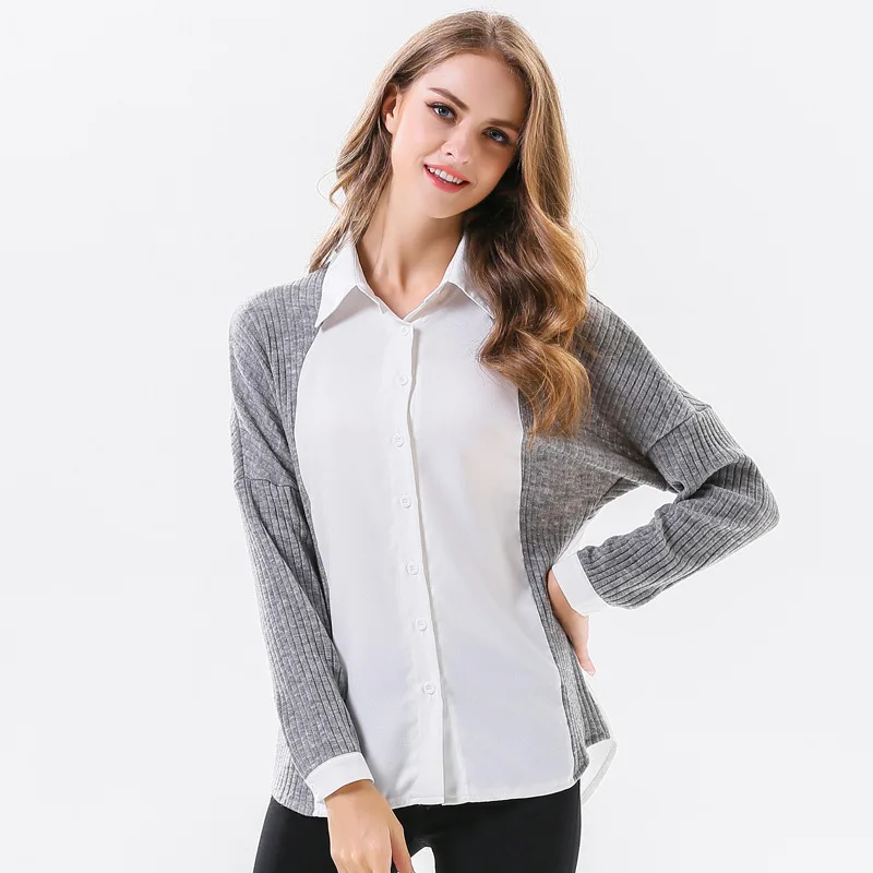 Осень Зима блузка рубашка женская 2018 Blusas трикотажные Лоскутные Blusa повседневные