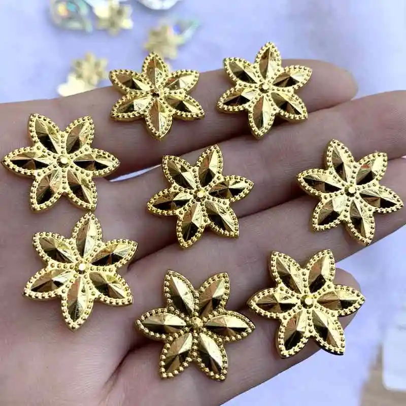 Gold 12pcs/lot 24mm Flower Rhinestone Acrylic Flatback Strass Crystal Stones For Jewelry Crafts Clothing Decorations -A82 | Дом и сад