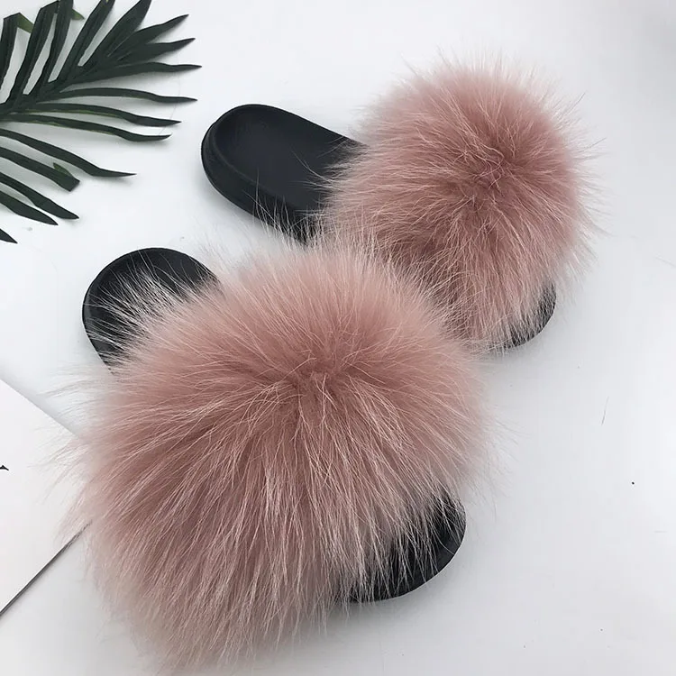 Doupink Женские шлепанцы с натуральным лисьим мехом; меховые летние пляжные шлепанцы; пляжные сандалии; шлепанцы без задника на плоской подошве; женская уличная обувь; пушистая обувь - Цвет: Doupink