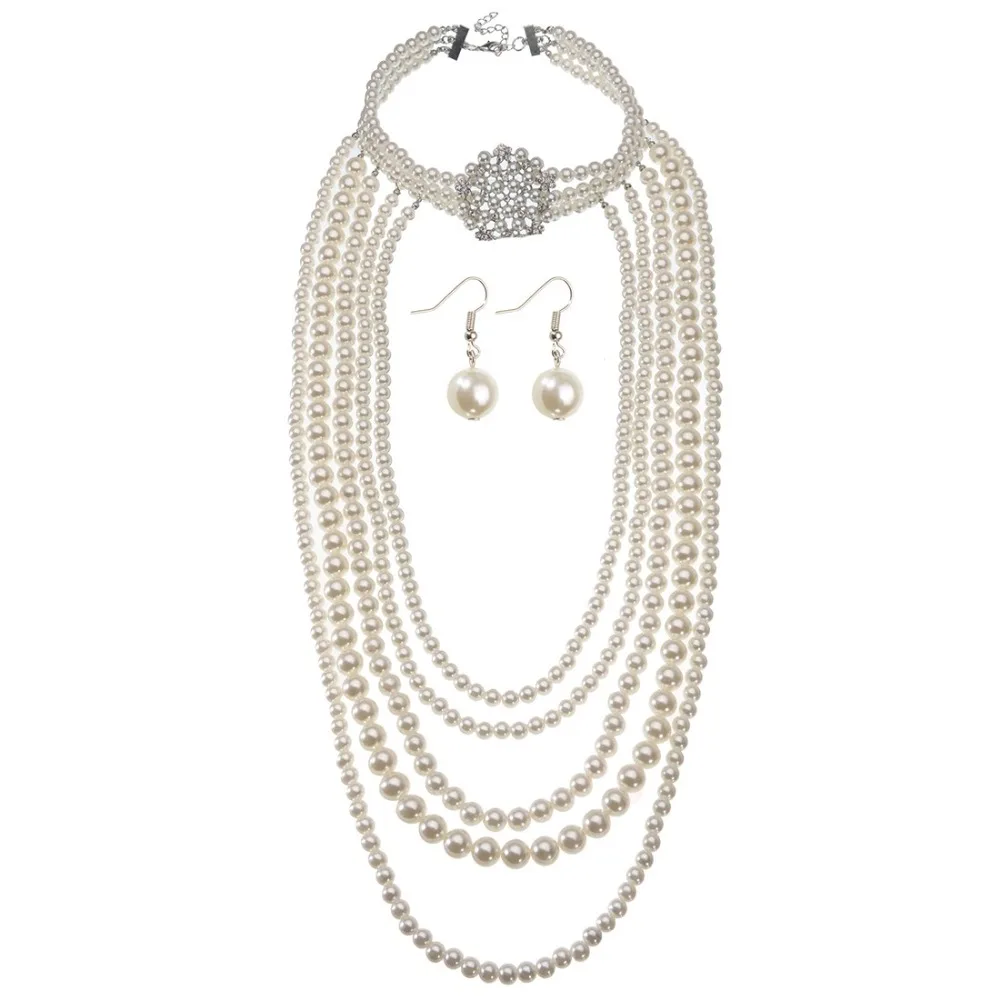 JEROLLIN Multi layers Pearl Beads Women Necklace Earring Jewelry Set Three Strands Pink Green beaded | Украшения и аксессуары