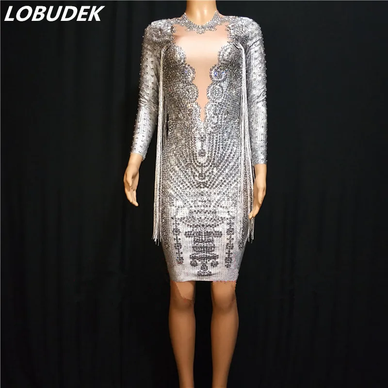 

Nightclub Female Singer Host Stage Costume Silver Gray Rhinestones Tassels Wrapped Buttock Dress Birthday Prom Party Short Dress