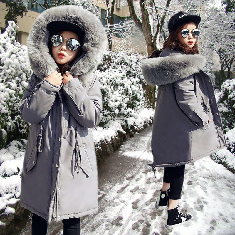 2018 Girls Winter Long Big Fur Collar Thickened Jackets kids Outdoor Hooded Warm Windbreakers Kids Casual Slim Outerwear &amp Coats | Детская