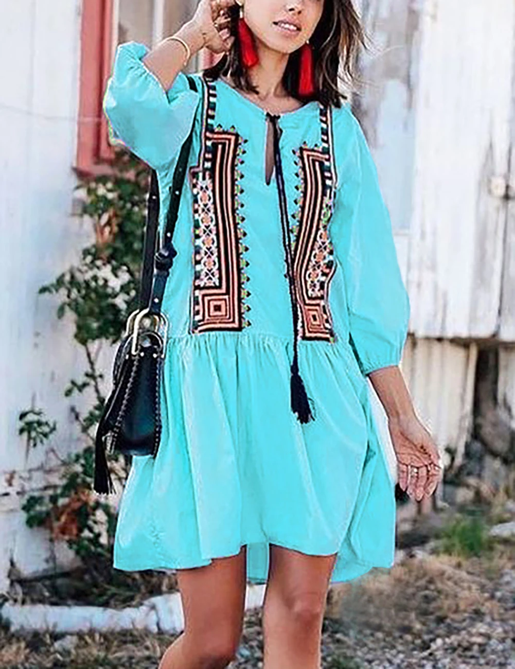 Bsubseach Ethnic Print Swimsuit Cover Up Lantern Sleeve Beach Dress Round Neck Sexy Women Holiday Wear Pleated Blouse XF19089 |