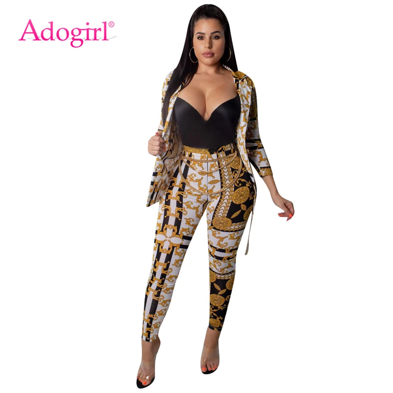 Adogirl Модный женский костюм из двух предметов с золотым принтом отложным