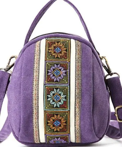 purple Женские сумки через плечо в этническом стиле бохо, летние холщовые сумки-тоут для путешествий, ретро кошельки с цветочной вышивкой - Цвет: purple
