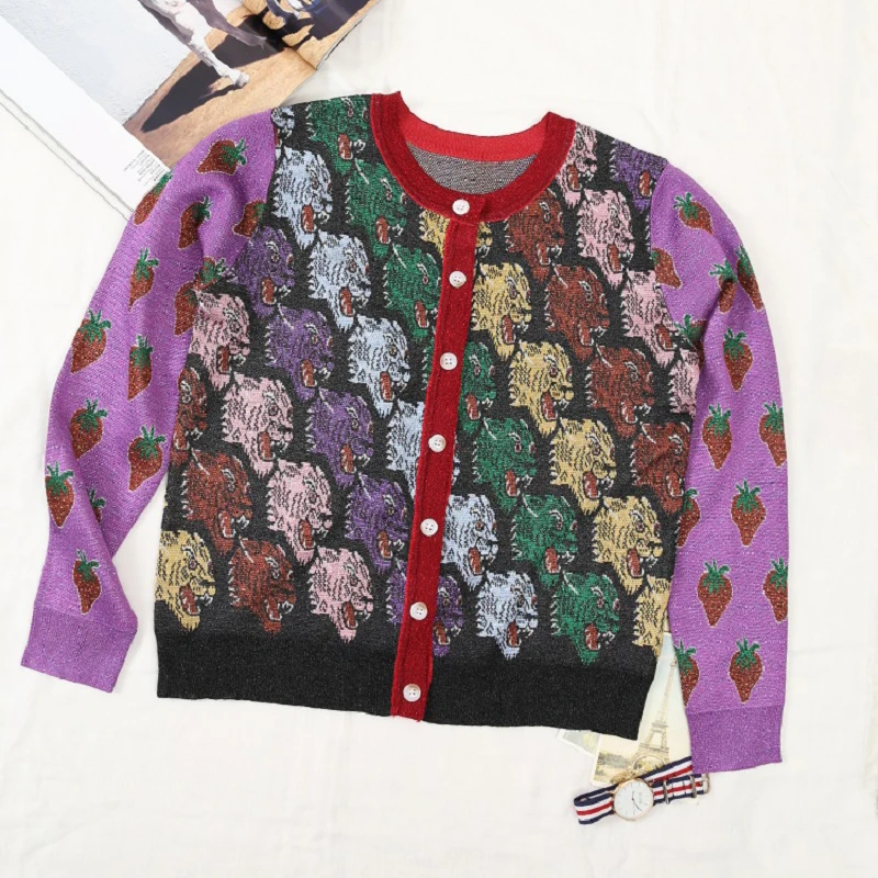 2018 Autumn Winter Luxury Silk Sweater Cardigans Women Runway Designer Tiger Print Long Sleeve Ladies Purple Knit Jumper Clothes |