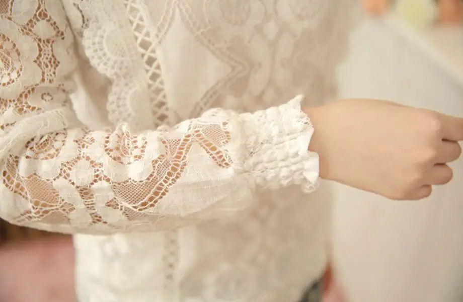 Весенние Кружевные блузы Рубашки Топы новые Мода 2017 г. шифоновое кружевное