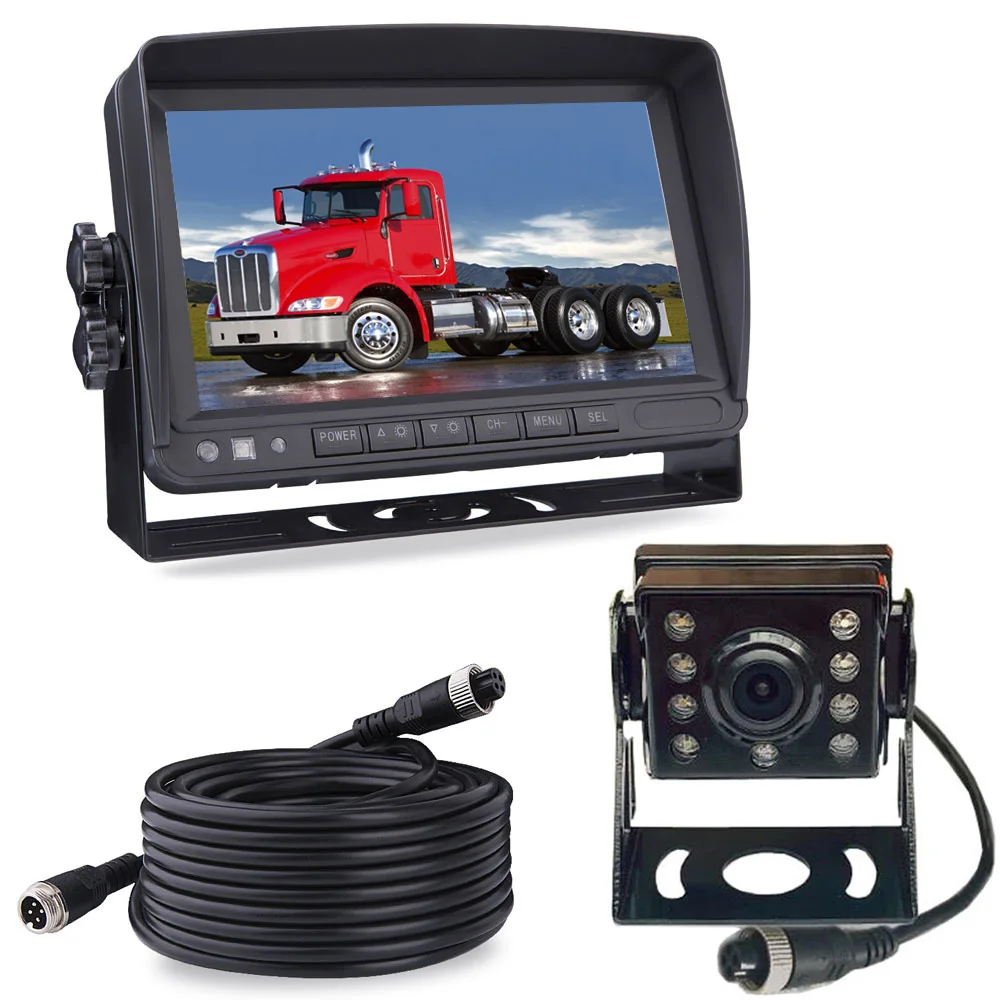 

12V-24V 7" TFT LCD Monitor with Sun Shade Bracket +Bus Truck RV 4Pin 8LEDs Night Vision Reversing Backup Rear View Camera