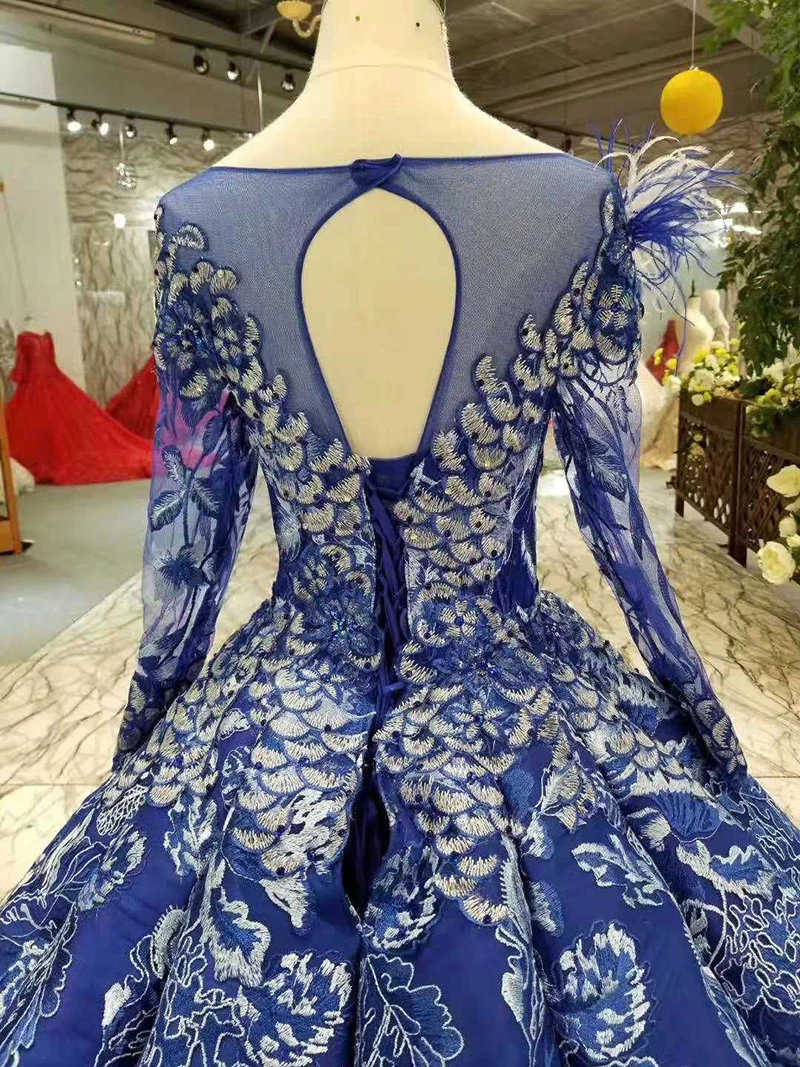 LSS300 Бальное Платье синее вечернее платье в пол с О образным вырезом и длинными