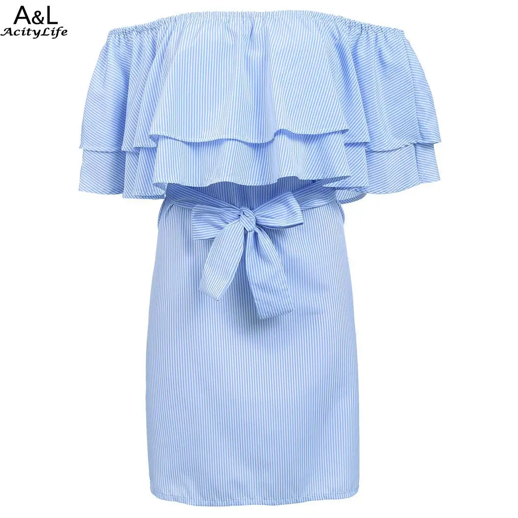 В полоску модные женские туфли рюшами Slash шеи с плеча короткий рукав новое платье
