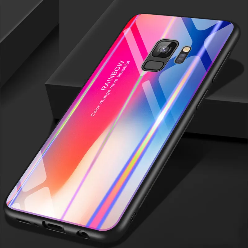 Tempered Glass + TPU Case For Samsung Galaxy S9 Plus Note 9 Colorful Cover Coque Gradient Back Phone |