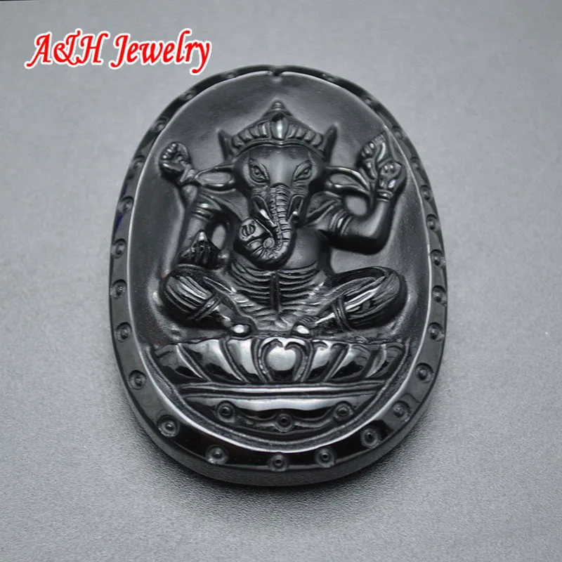 Thailand Black Obsidian Fine Carved Relief Ganesh Pendants For Sweater Chain Necklace Making Materials 5pc/lot | Украшения и