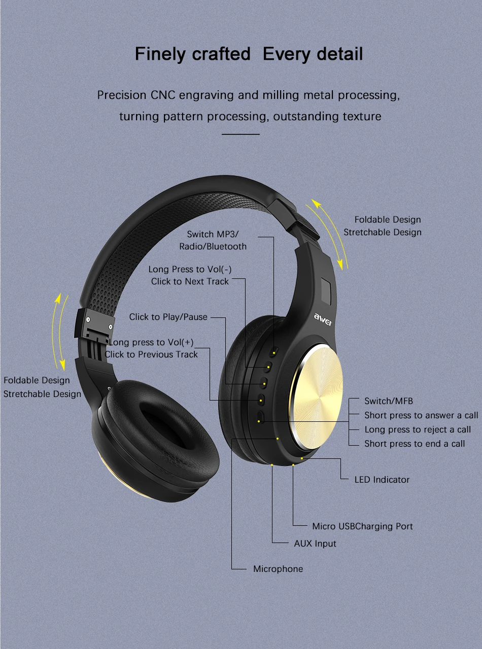 Awei A600BL Bluetooth наушники звуковая гарнитура стерео Беспроводная гарнитура складные наушники для бега большая емкость аккумулятора