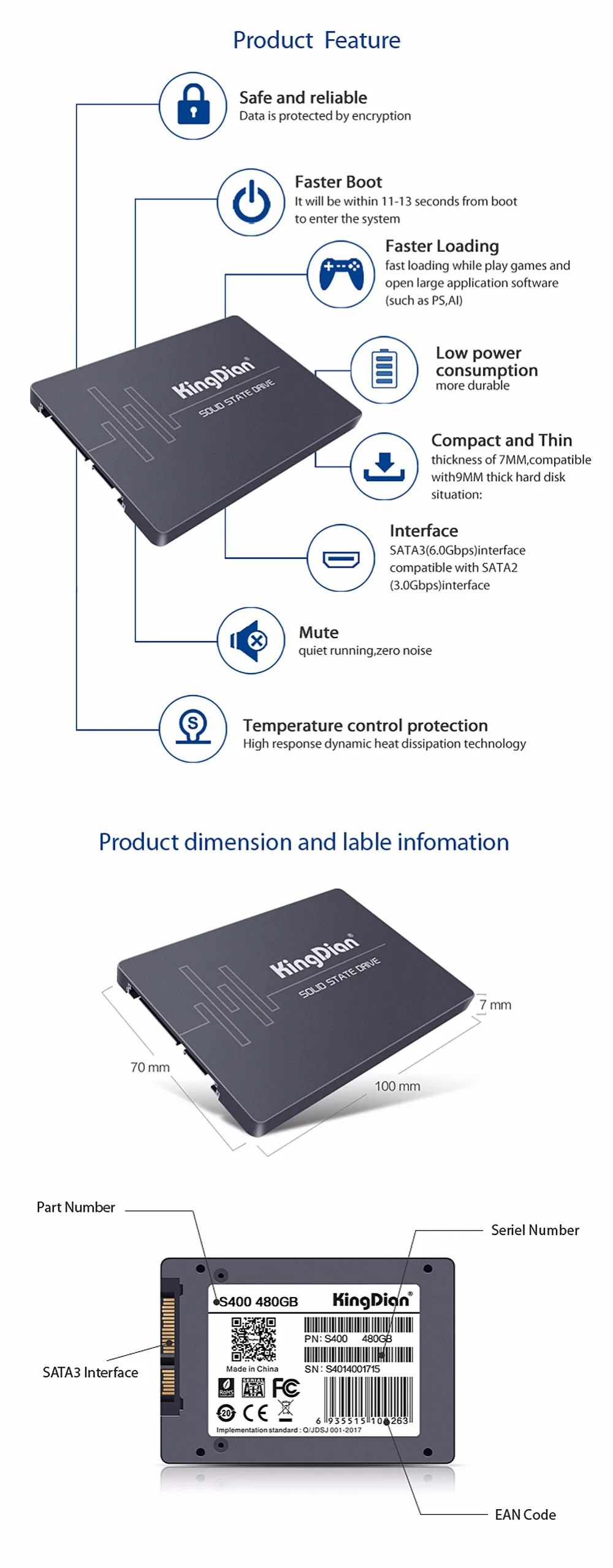 KingDian внутренний HD SSD 480GB твердотельный жесткий диск 2,5 дюймов для настольного ноутбука 512G