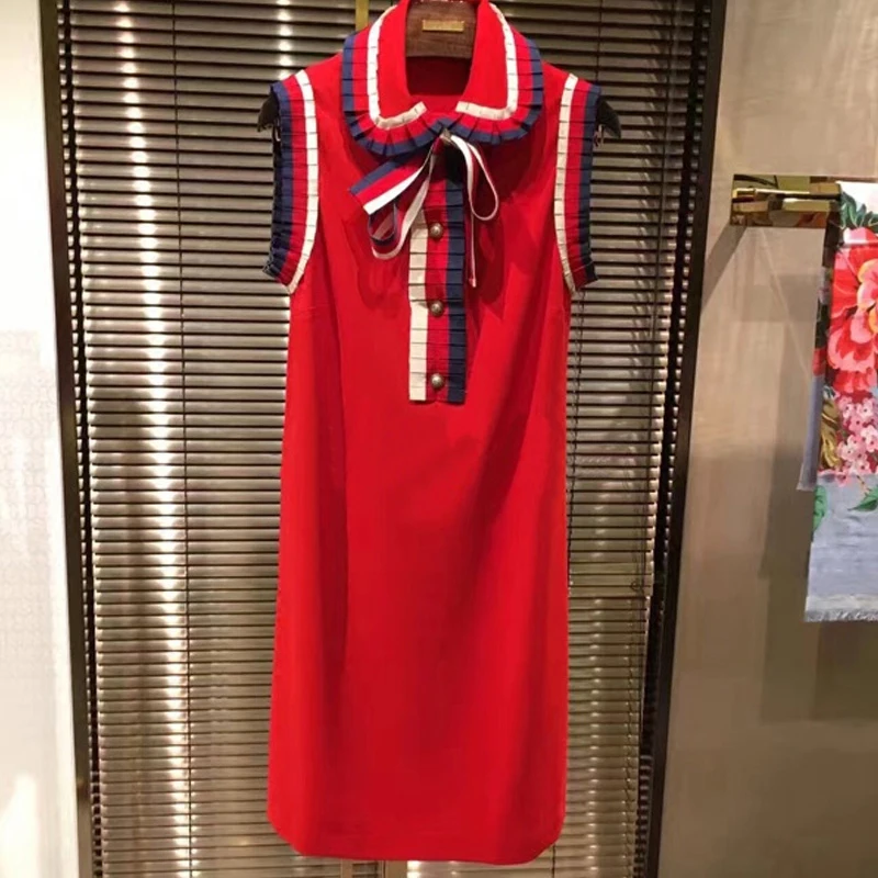 Лето 2019 красный сарафан и женское платье для подиума дизайнерские оборки ленты