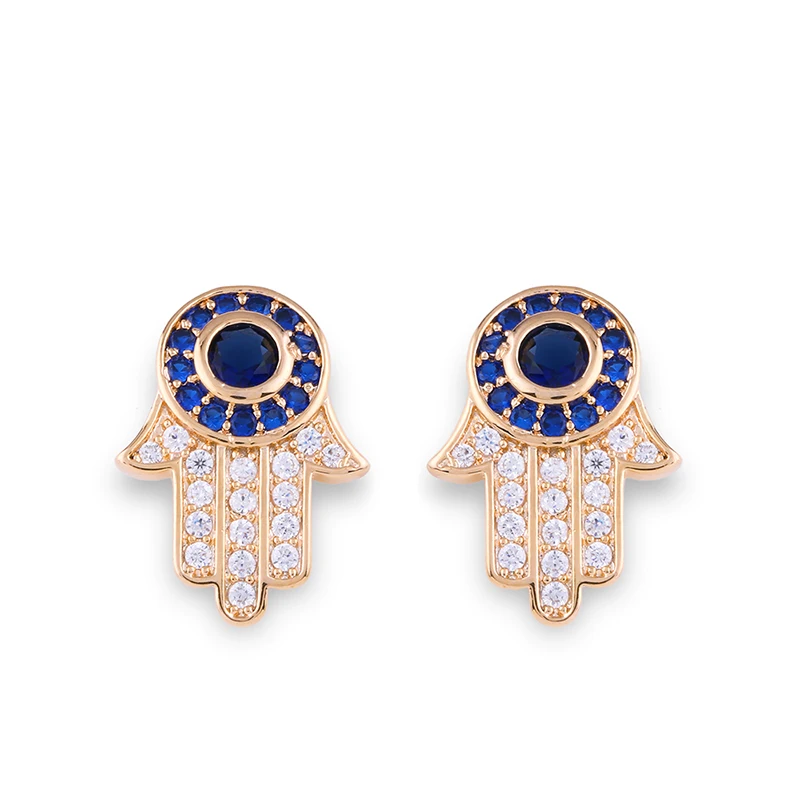 Женские серьги гвоздики с голубым цирконием Fatima Hamsa этническое Золотое ювелирное