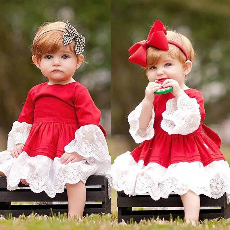 Newborn Kids Baby Girls Xmas Princess Party Lace Dress Headbnad Set Clothes Red | Детская одежда и обувь