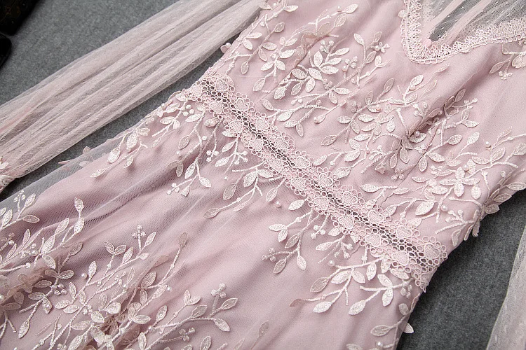 Высокое качество, новинка, осенняя мода, длинное вечернее платье Vestidos, женское плиссированное платье с воротником, тюль-кружевная вышивка, Длинное Платье Макси