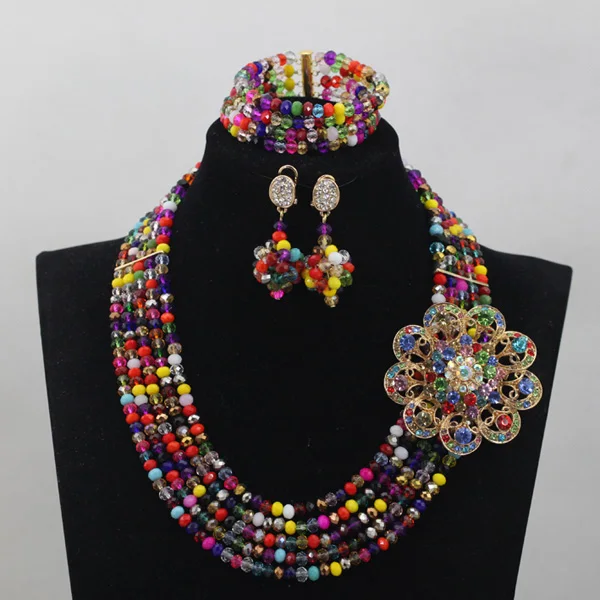 Комплект из колье и серёг с кристаллами 5 рядов|necklace set|beaded jewelry setbridal necklace set |