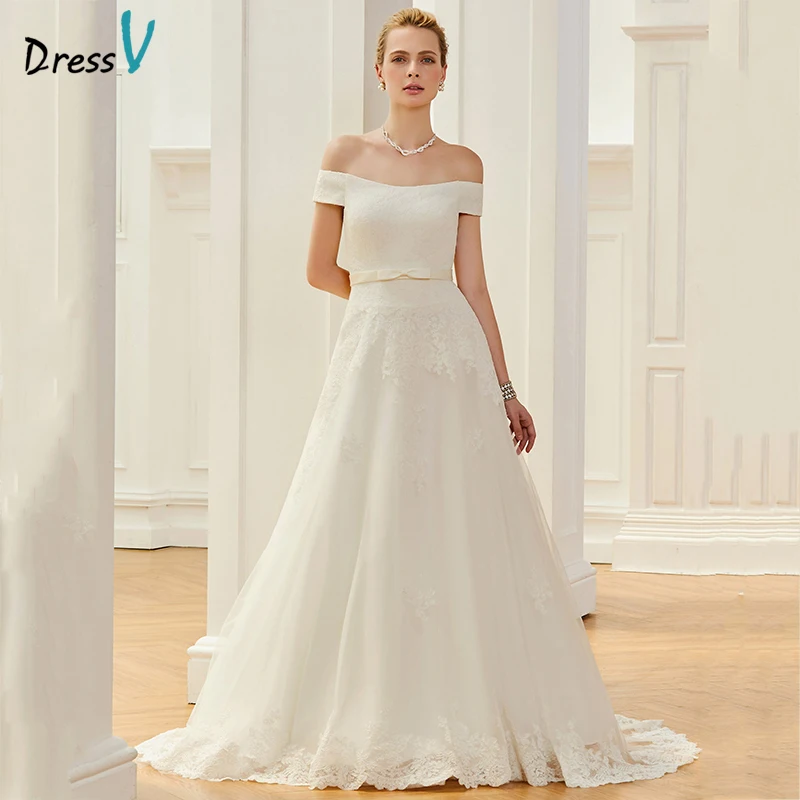 DressV плеча line Long свадебное платье Рубашка с короткими рукавами суд Поезд