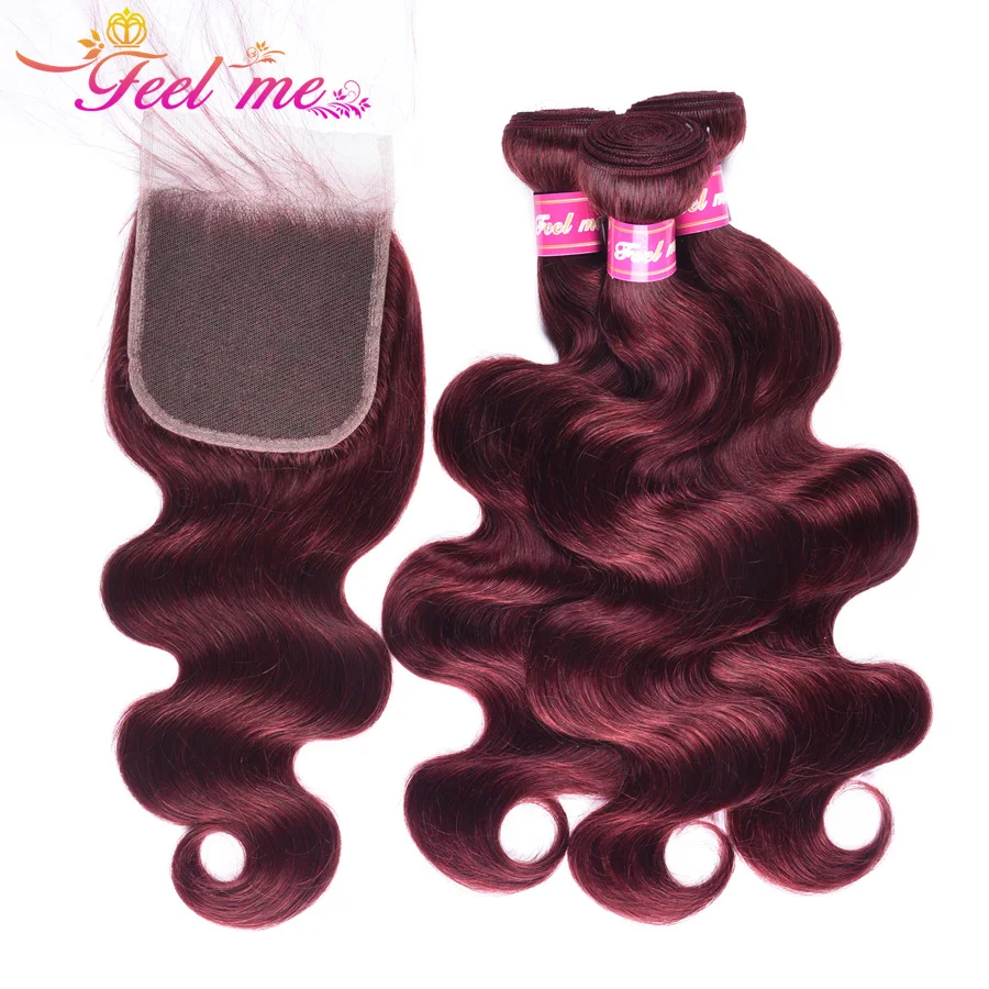Feel Me Hair MalaysianClosure Human With Bundles Burgundy Body Wave 3 Frontal #99j Pre-Colored Non-remy | Шиньоны и парики