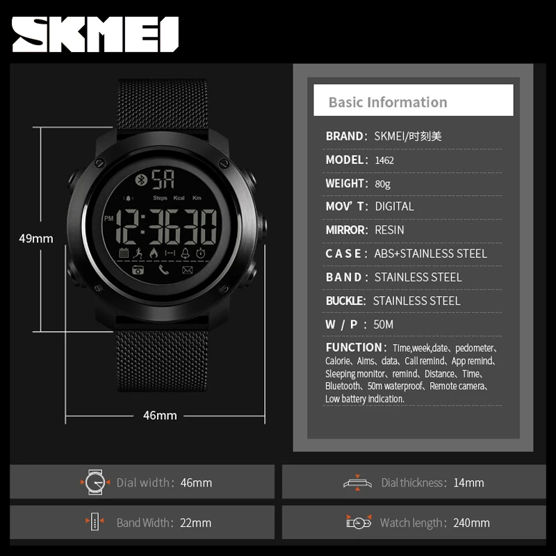SKMEI Bluetooth спортивные Смарт часы для мужчин 5 бар водонепроницаемый шагомер