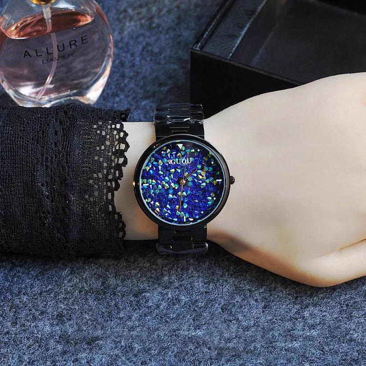 Бренд моды личности звезда Алмазная дрель с высококачественной дамы часы черный