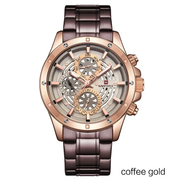 Coffee Gold NAVIFORCE, люксовый бренд, кварцевые часы для мужчин, нержавеющая сталь, скелет, спортивные часы для мужчин, s, модные, водонепроницаемые часы, Relogio Masculino - Цвет: Coffee Gold
