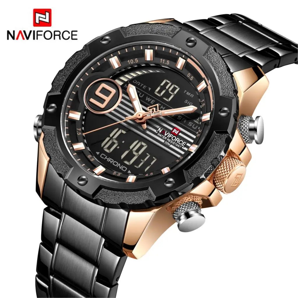 NAVIFORCE для мужчин часы неделю Дата таймер с циферблатом двойной дисплей Кварц цифровой 3Bar водостойкие наручные часы Черное золото