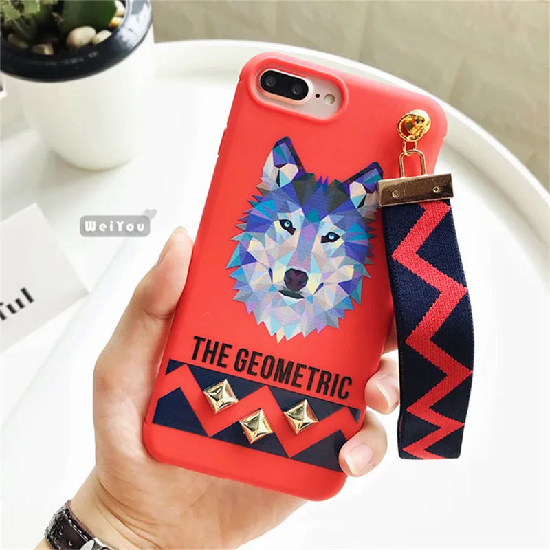 Halloween Animal Printed Case For Iphone X 7 Plus Tiger Rabbit Stud Rivet Wrist Strap Back Cover IPhone 6 6S PLus Coque |