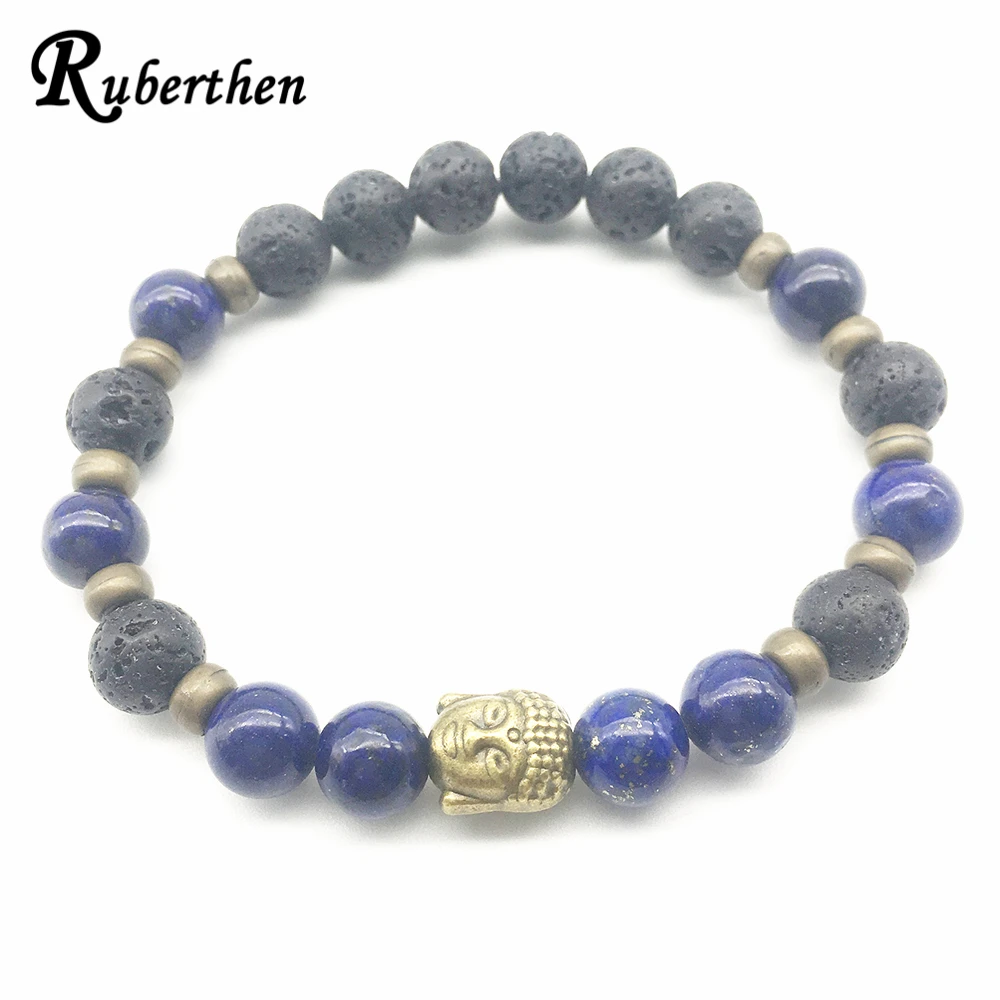 Ruberthen 2018 Мужской бронзовый браслет с головой буддиста Лава лазурит на запястье