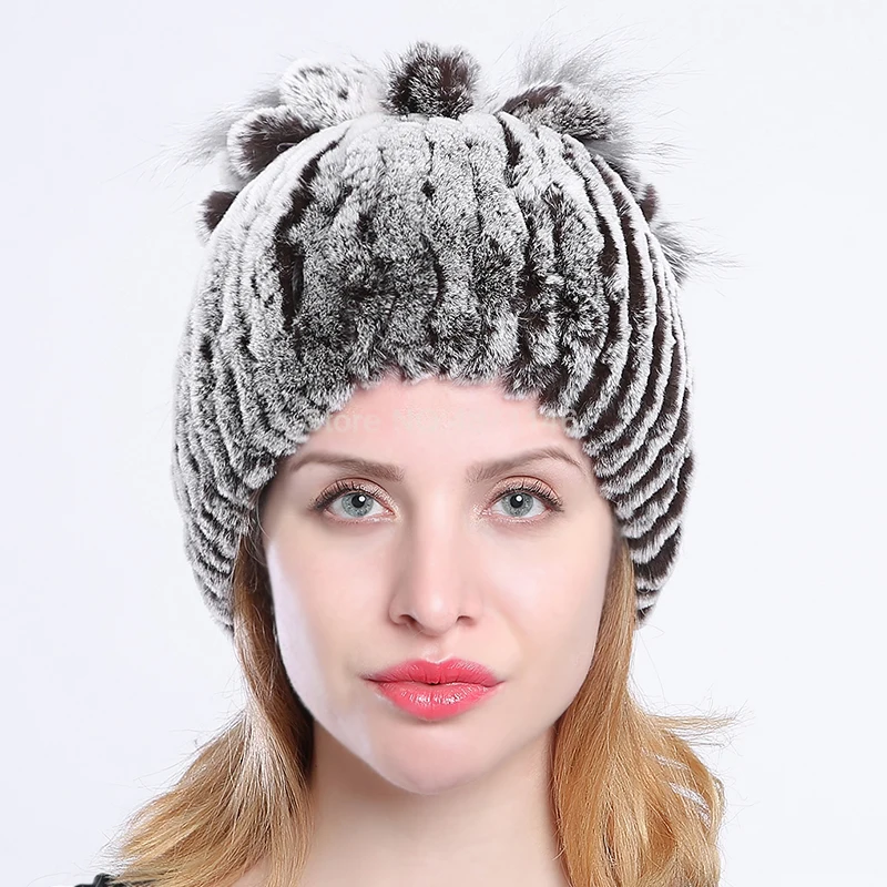 New winter women girls rex rabbit fur hat sweet flowers Elastic woollen Knitting lining hats caps Skullies Beanies | Аксессуары для