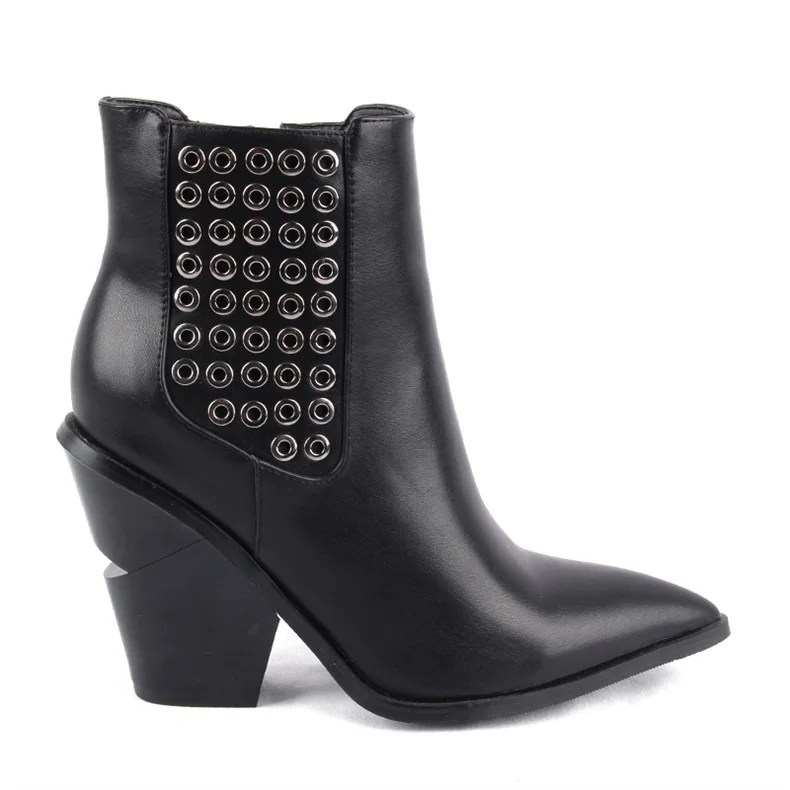 Dr martens mujer/женские ботинки с острым носком на высоком каблуке; ботинки на танкетке; сезон осень-зима; стильные короткие женские ботильоны в западном стиле с заклепками - Цвет: Black