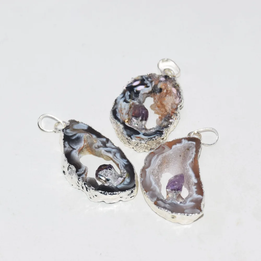 Покрытый серебром Натуральный geode druzy ожерелья кулон с аметистами полированный серый черный необработанный druzy Кварц кусочек точка кулон