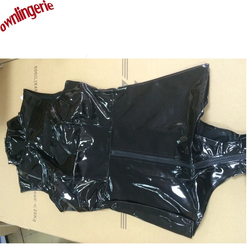 

NEW free shipping High Callor wetlook PVC leather woman catsuit black zipper to crotch clubwear leotard erotic clothing S-XXL