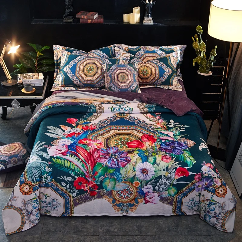 

Luxury Green Pink Blue Bohemia Printing Fleece Fabric Winter Thick Bedding Set Duvet Cover Bed sheet Bed Linen Pillowcases 4pcs