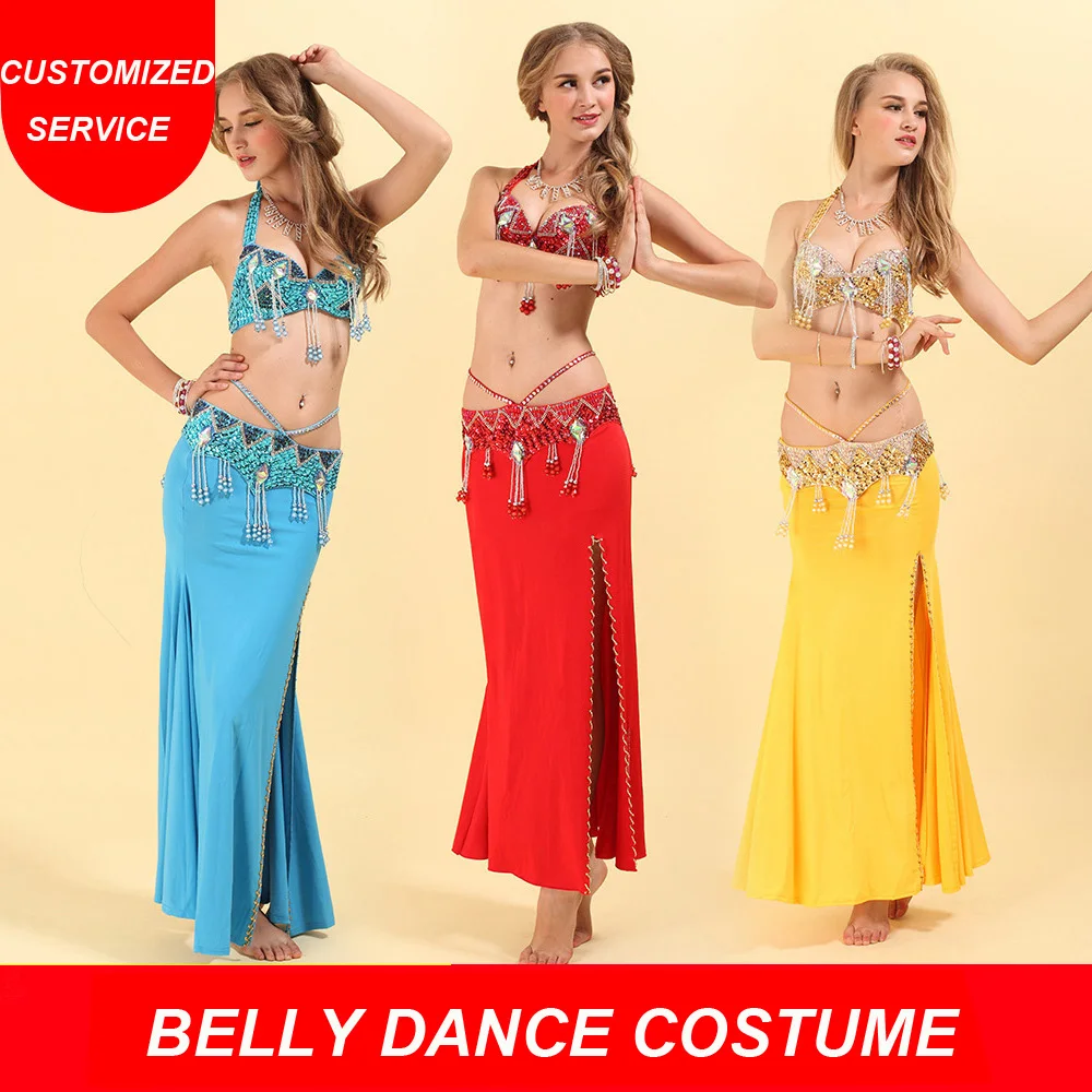 2018 Professional Dance Wear Belly Clothes 3 pcs Beaded Bra Belt Skirt Set Women Oriental Costumes | Тематическая одежда и