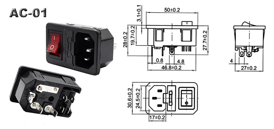 IEC320 C14 гнездо входа разъем питания переменного тока 250 В красная лампа кулисный переключатель 10A предохранитель женский Rewirable разъем питания